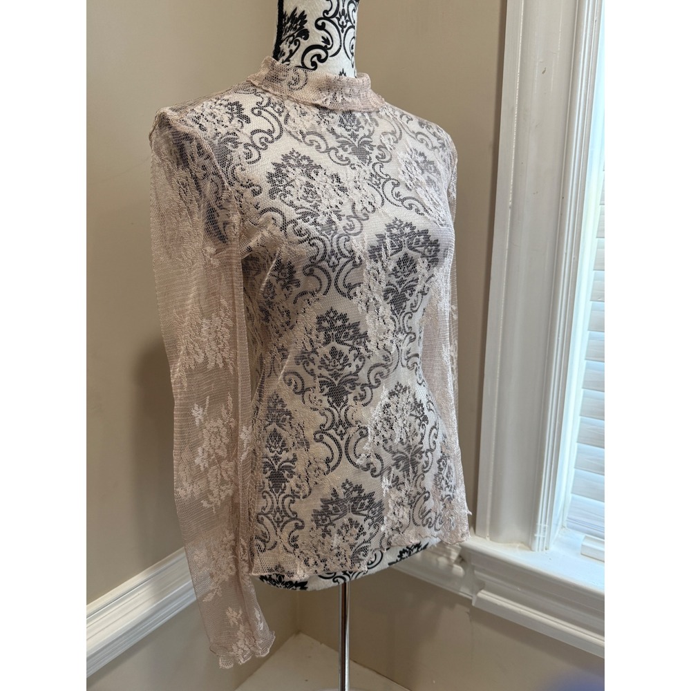 Womens Beige Lace Damask Mock Neck Sheer Long Sleeve Top Size S Whimsygoth - Picture 6 of 9